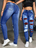 Women's Preppy Ripped Skinny Jeans Medium Blue Washed Slim Fit Red Plaid Pocket All Season S-XXL