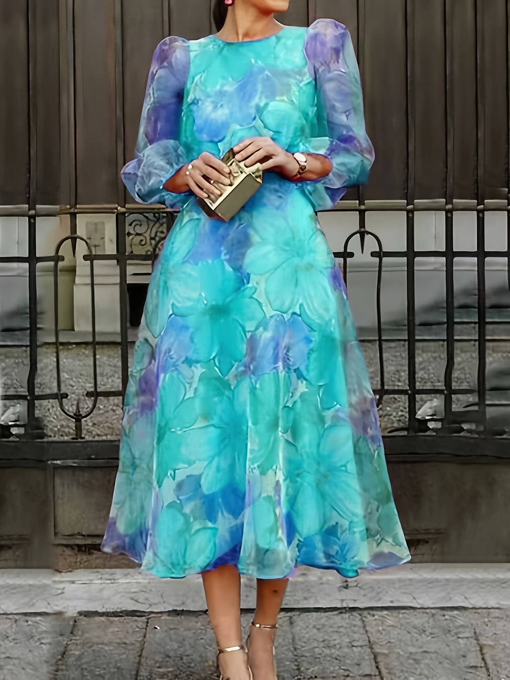 Floral Print Chiffon Maxi Dress Women Ombre Gradient Long Sleeve Back Zipper Flowy Wedding Guest Party Dress