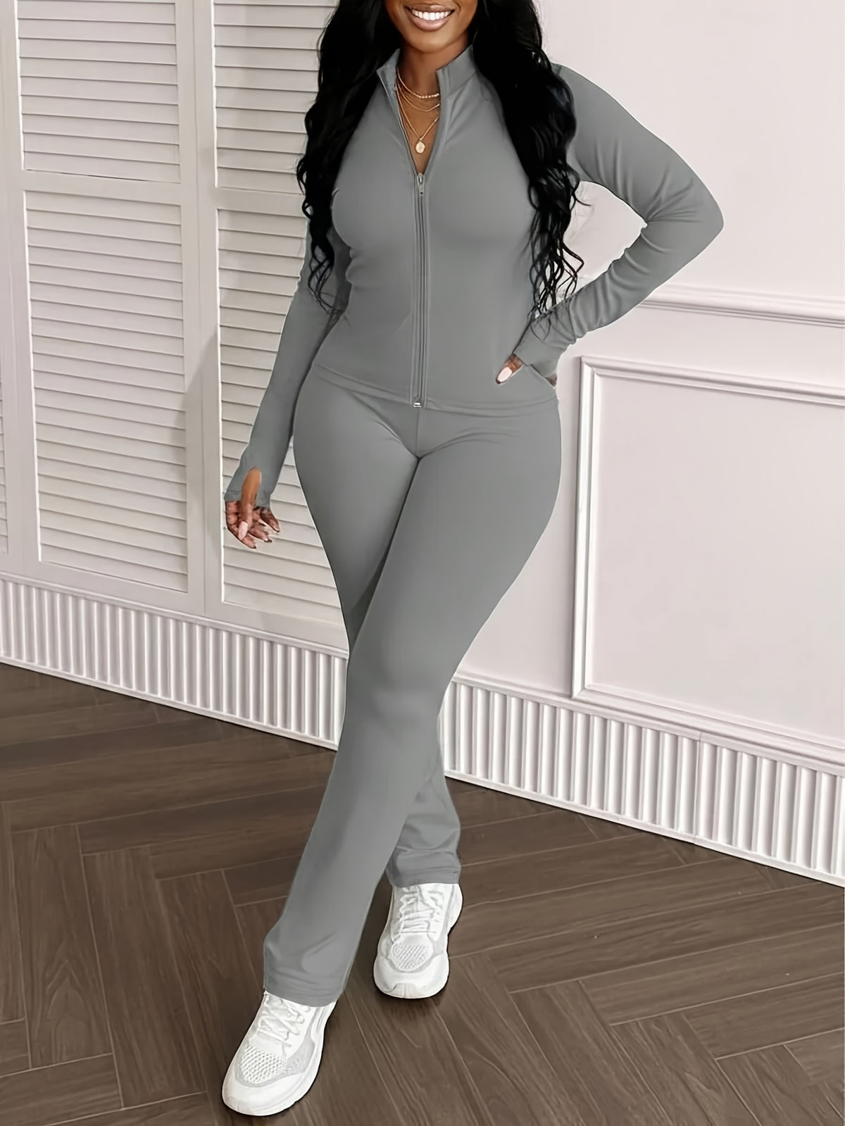Women's 2-Piece Office Outfit Set Slim Fit Stand Collar Jacket & High Waist Flare Pants Work Casual