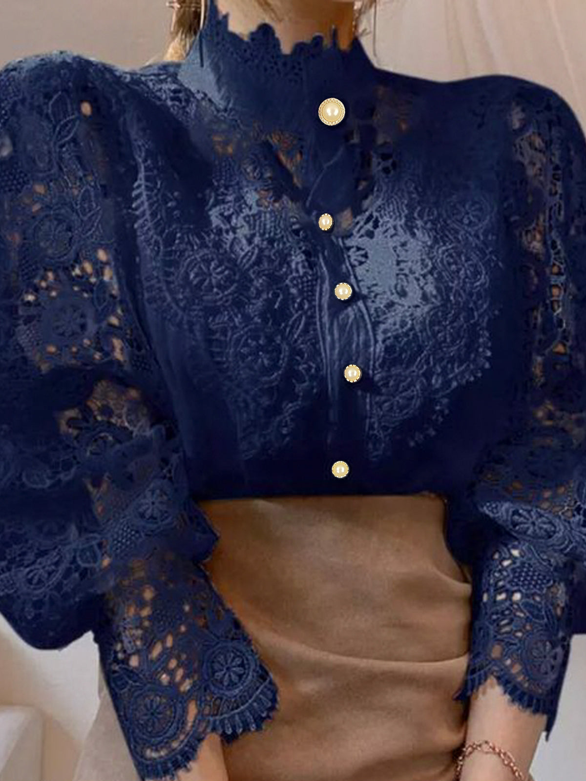 Heavy Lace Stand Collar Blouse for Women – Hollow Flower Long Sleeve Top with Pearl French Buttons, Elegant Solid Color Dressy Shirt
