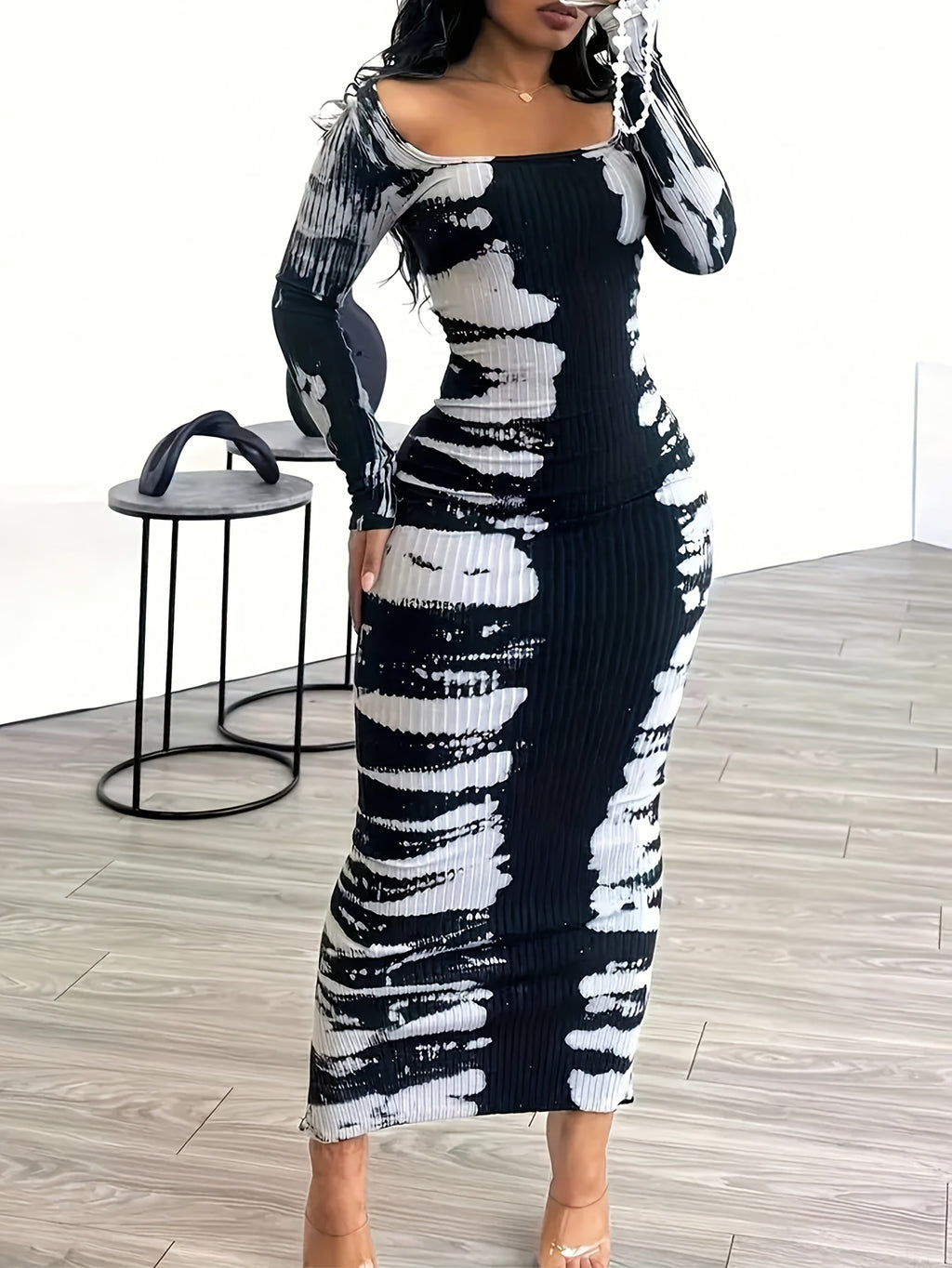 Tie-Dye Bodycon Maxi Dress Women Long Sleeve Ankle Length Contrasting Print Figure-Hugging Sexy Elegant Long Dress