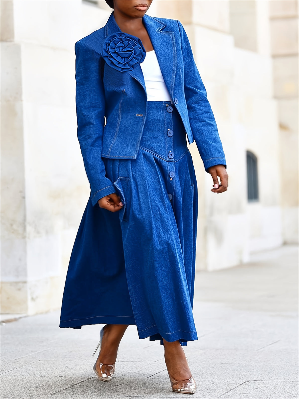Women's Denim Skirt Suit 2pcs Set Jean Blazer & Pleated Skirt Business Casual Applique Lapel Long Sleeve