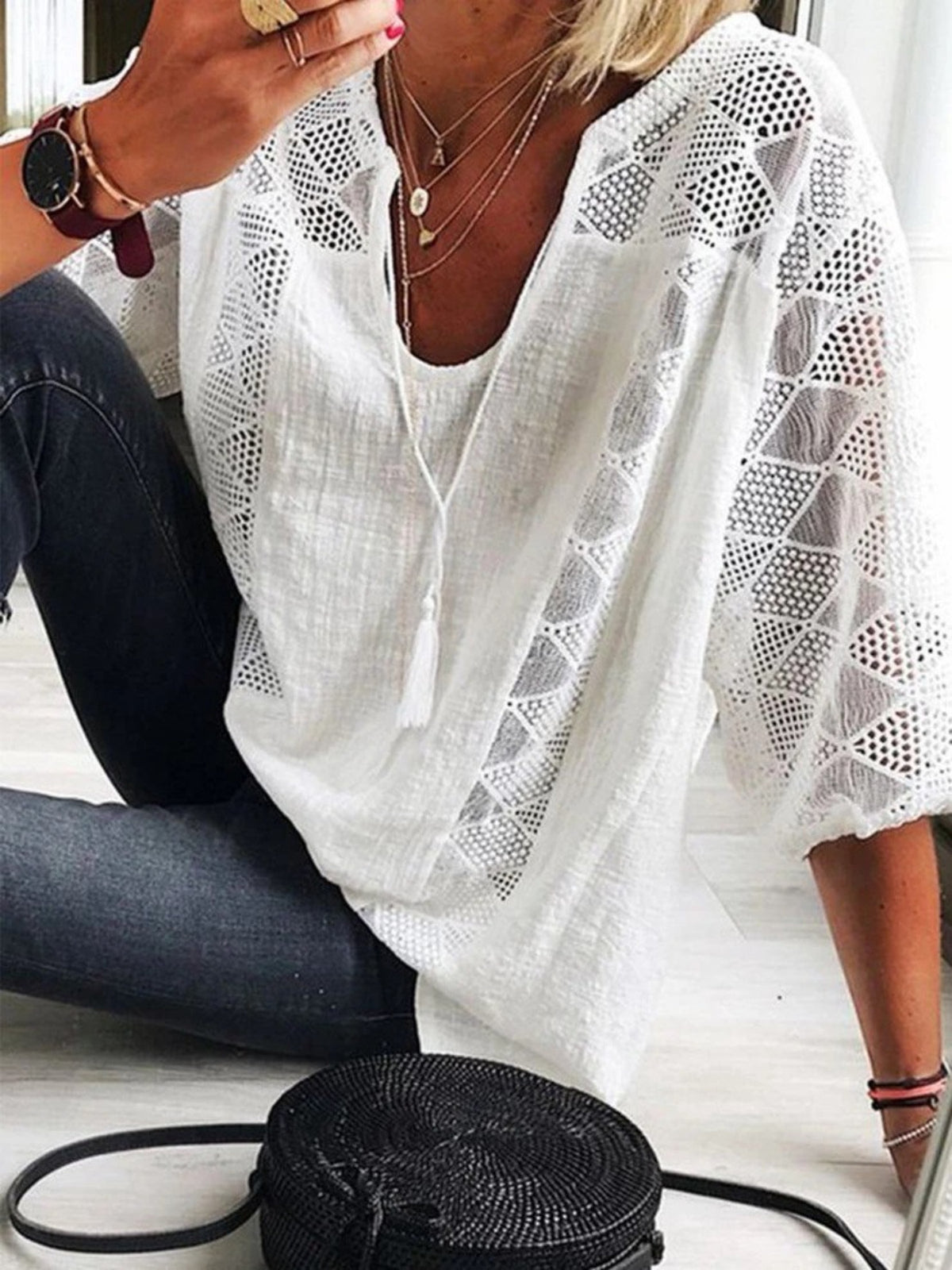 Lace Patchwork U-Neck Blouse Women Three-Quarter Sleeve Loose Fashion Top Elegant Casual Feminine Spring Summer Chic Shirt