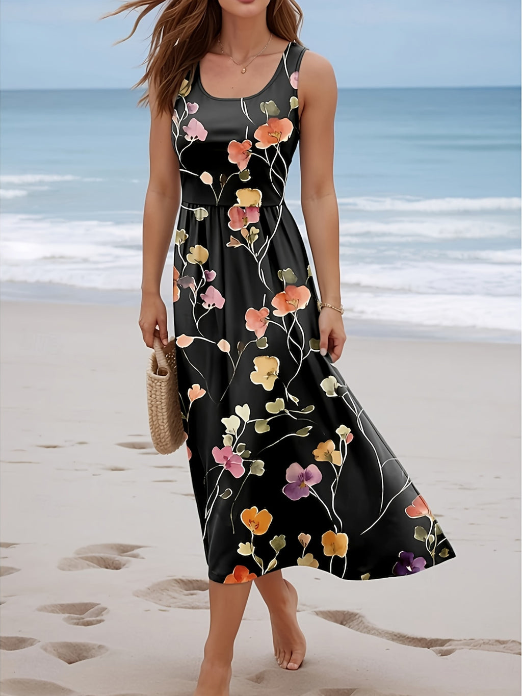 Digital Print Sleeveless A-Line Dress Women Pleated Vest Style Elegant Casual Spring Summer Vacation Commute Party Dress S-XXL