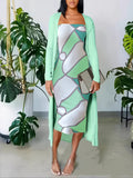 Chain Print Tube Dress and Open Front Coat 2pcs Set Women Casual Trendy Knit Tight Dress Matching Outfit S-XXL
