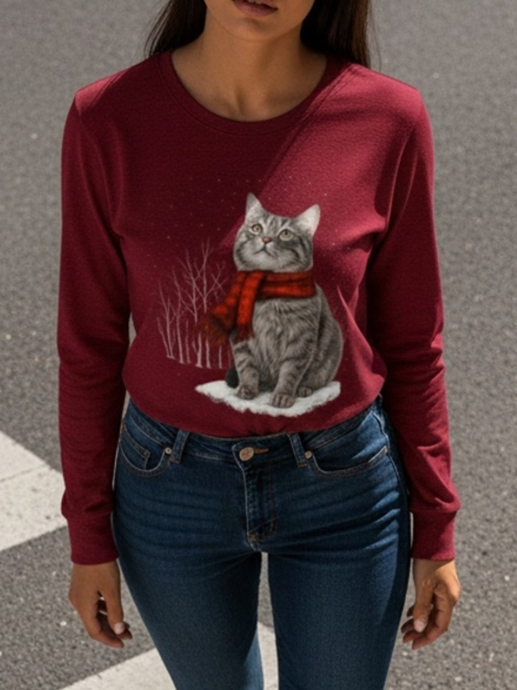 Christmas Cat Print Women Long Sleeve T-Shirt Crew Neck Casual Holiday Graphic Tee Soft Breathable Multi-Color Top Spring Fall