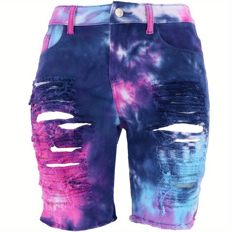 Ripped Denim Shorts Women Tie-Dye Distressed High Waist Mid Length Summer Edgy Trendy Jean Shorts Blue Pink Casual Streetwear Going Out
