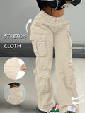 Low Waist Cargo Denim Pants Women Street Hip-Hop Style Multi Pocket Wide Leg Workwear Casual Jeans Apricot Grey Khaki S-XXL