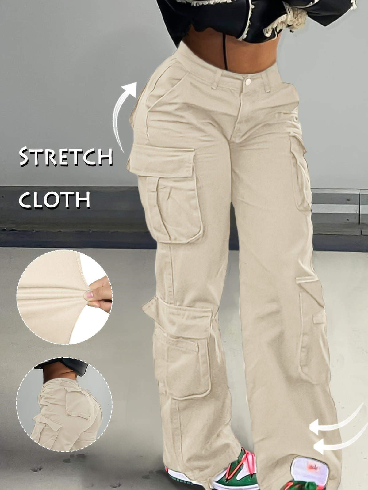 Low Waist Cargo Denim Pants Women Street Hip-Hop Style Multi Pocket Wide Leg Workwear Casual Jeans Apricot Grey Khaki S-XXL
