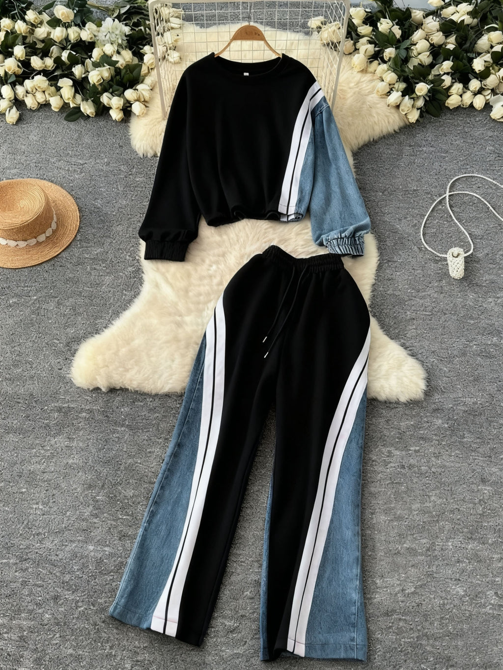 2pcs Tracksuit Set Women Color Block Contrast Stripe Cropped Top Wide-Leg Pants Casual Urban Streetwear Jogger Outfit