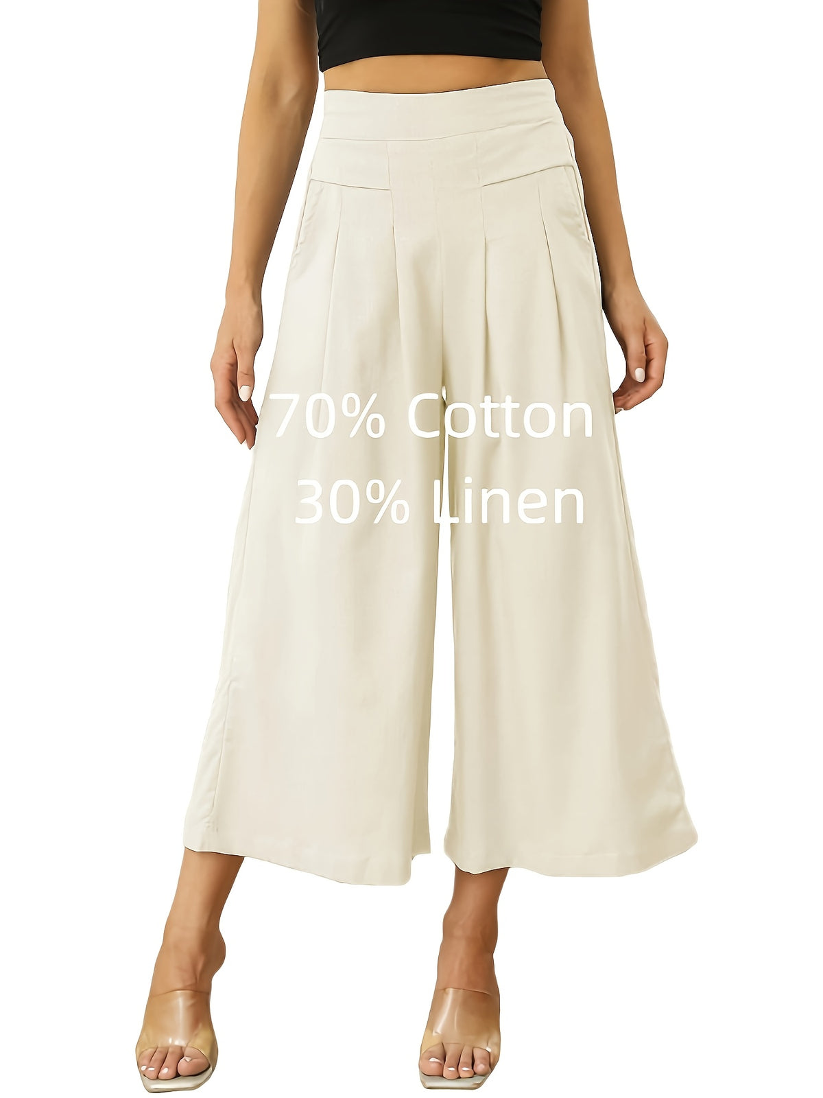 Linen Palazzo Wide Leg Pants for Women – Boho Elastic Waist 7/8 Culotte Capri Trousers with Pocket, Solid Color Casual Outfit Spring Summer Fall Comfortable Breathable Bottoms S-XXL