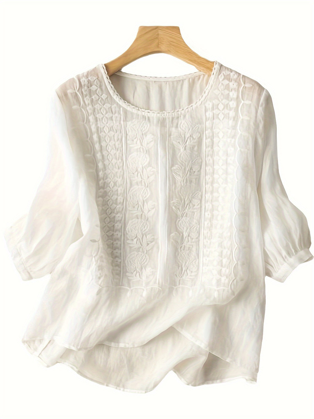 Boho Floral Embroidered Blouse Women V-Neck 3/4 Sleeve Loose Cotton Top Casual Applique All-Season Stretch Shirt S-XXL