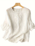 Boho Floral Embroidered Blouse Women V-Neck 3/4 Sleeve Loose Cotton Top Casual Applique All-Season Stretch Shirt S-XXL