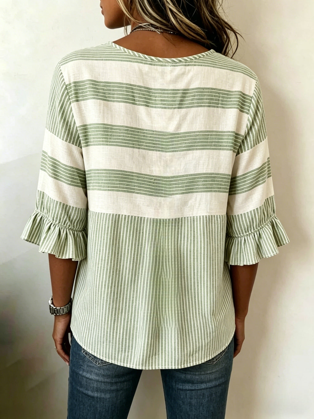 Striped V-Neck Blouse Women Ruffle 3/4 Sleeve Loose Fit Tunic Top Lightweight Linen Button Detail Summer Shirt S-2XL