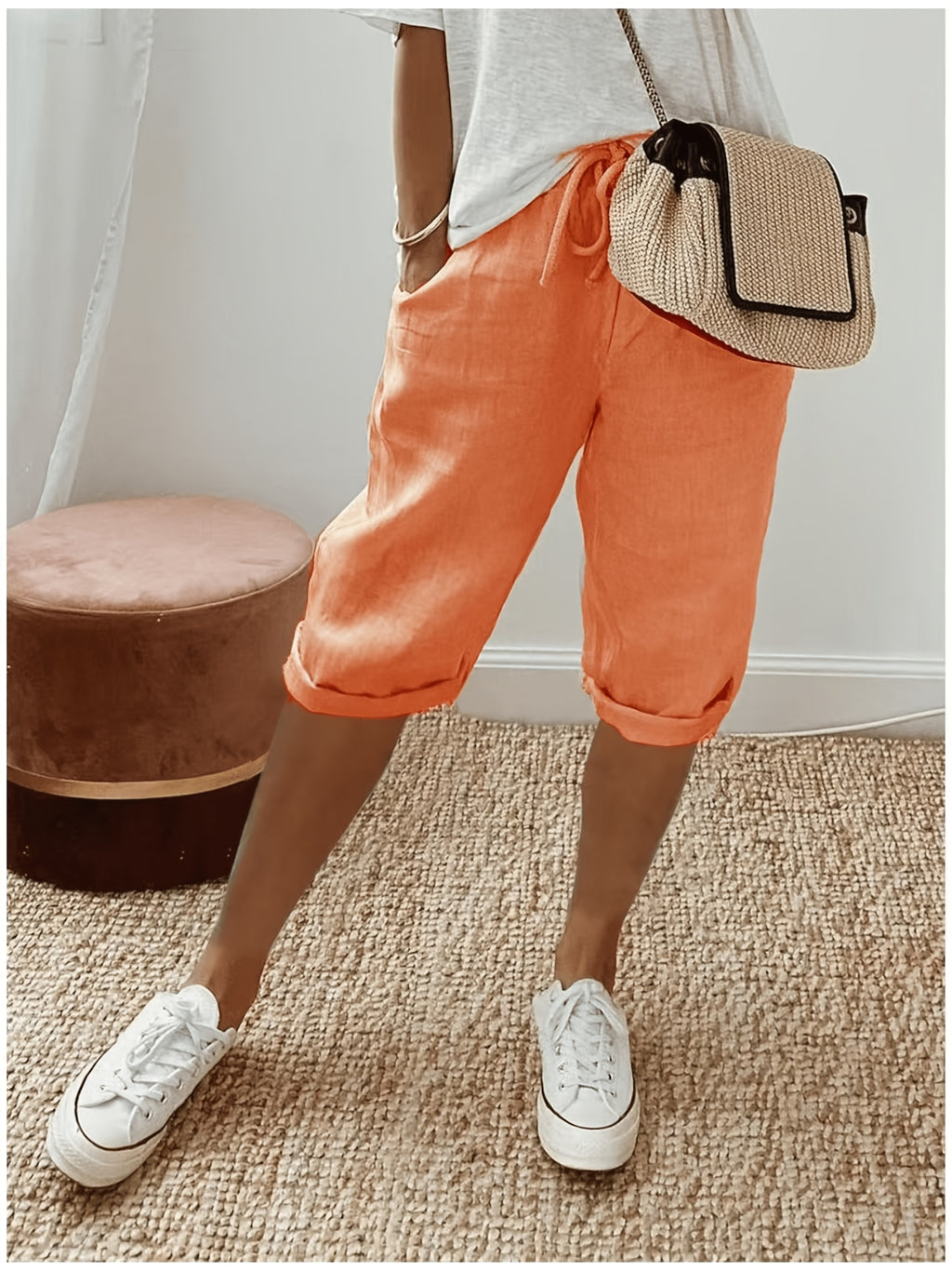 Boyfriend Capri Pants Set Women 3-Piece Drawstring Waist Curled Hem Pockets Casual Holiday Beach Summer Relaxed