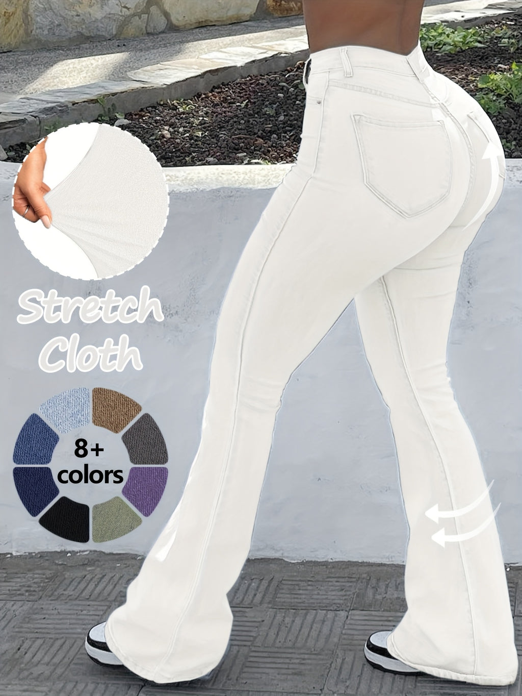 High Waist Stretch Flare Jeans Women Wide Leg Pants with Pockets – Solid Color Street Style, All-Season Comfortable Denim, Machine Washable