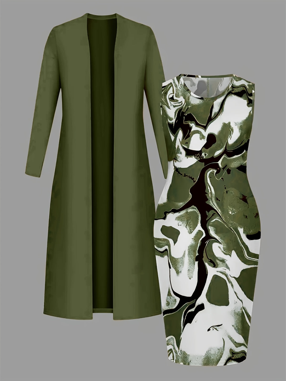 Khaki Cardigan & Marble Pencil Skirt Two-Piece Set Women | Long Cardigan + Gold-Brown Patterned Skirt Professional Work Outfit for Office Daily Outings
