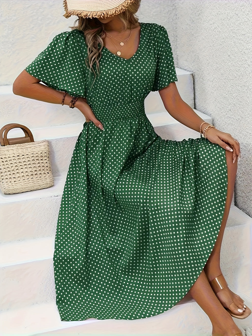 Polka Dot Swing Dress Women V-Neck Ruffled Sleeve Casual Long Dress Waist Enhancing Spring Summer Lightweight Pale Pink Gray Light Blue Green S-XXL