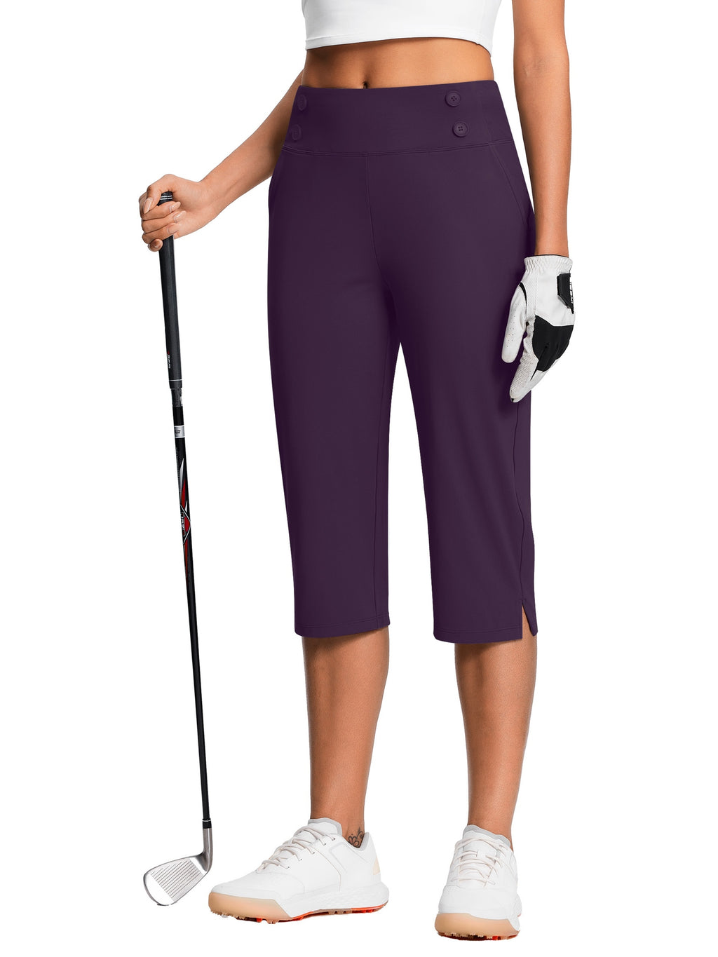 Dressy Stretch Capri Pants for Women High Waist – 18 Inch 82% Polyester 18% Spandex Knit, Elastic Waist Pockets Solid Color Work Casual Summer Spring Fall Comfortable Bottoms S-XXL