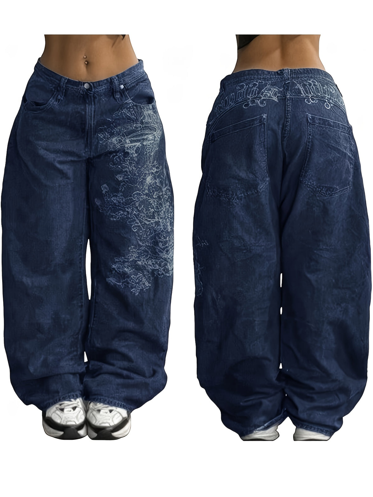 Women Hip Hop Baggy Jeans Mid Low Waist 90s Vintage Denim Pants Streetwear Loose Wide Leg Black Dark Gray Dark Blue S-XXL