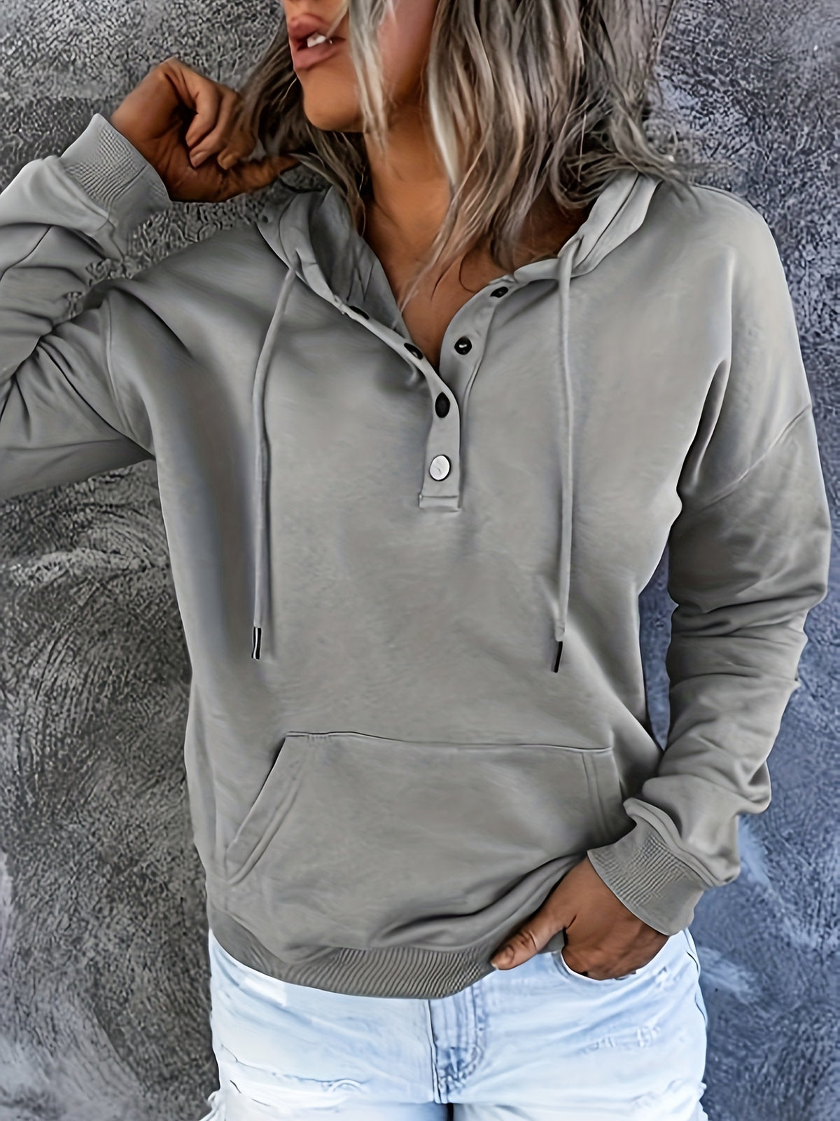 Women Oversized Button Hoodie Sweatshirt Long Sleeve Kangaroo Pocket Ribbed Cuff Casual Pullover Black Grey Burgundy Apricot S-XXL