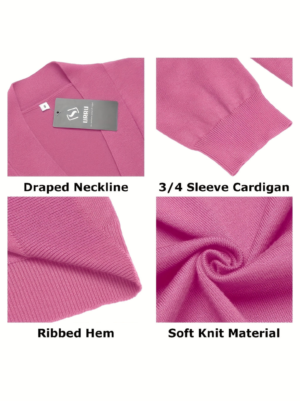 Cropped Open Front Cardigan Women 3/4 Sleeve Knit Shrug Ribbed Hem Draped Neckline Lightweight Stretchy Layering Top 9 Colors Spring Summer Fall S-XXL