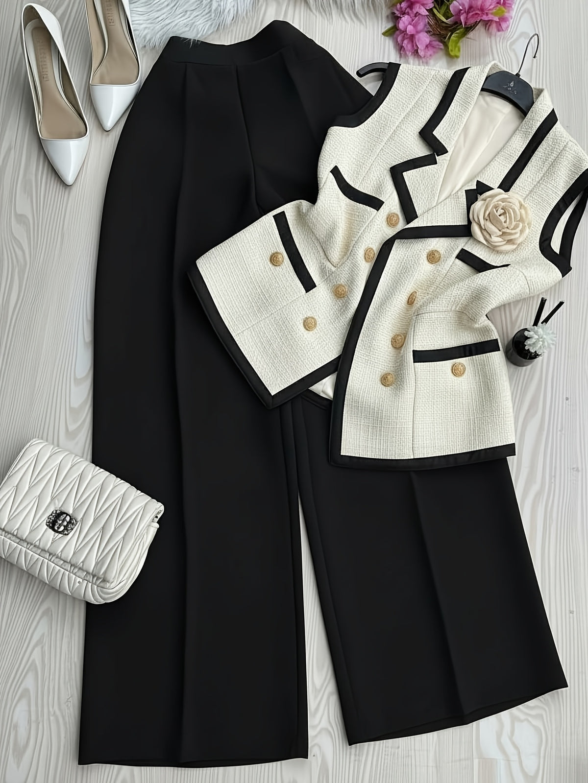 Blazer and Pencil Skirt Set Women 2pcs Contrast Collar White Blue Office Business Formal Outfit Fall Winter S-XL
