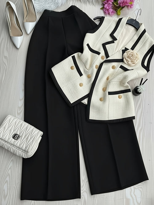 Blazer and Pencil Skirt Set Women 2pcs Contrast Collar White Blue Office Business Formal Outfit Fall Winter S-XL