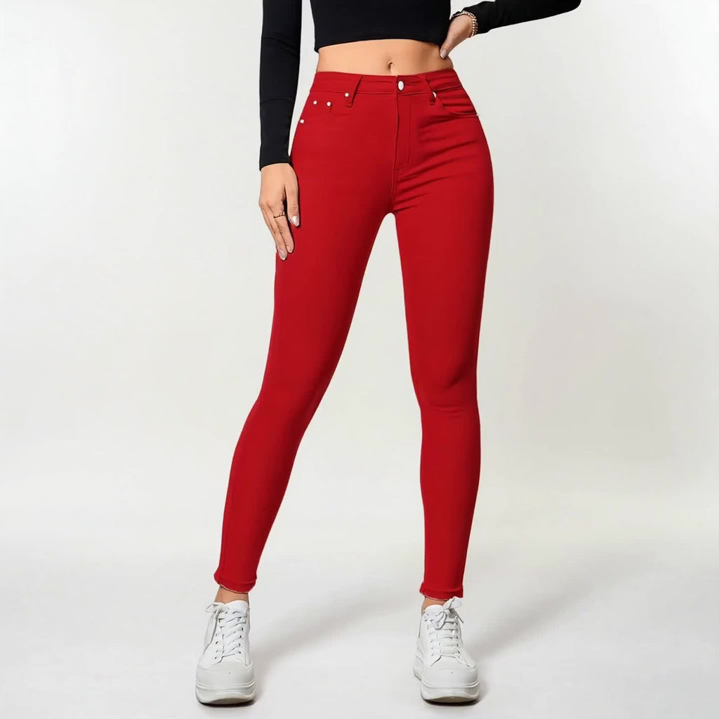 Red High Waisted Skinny Jeans for Women – Rivet Detail Stretch Denim, Tummy Control Booty Lifting Slim Fit, Sizes S-XXL
