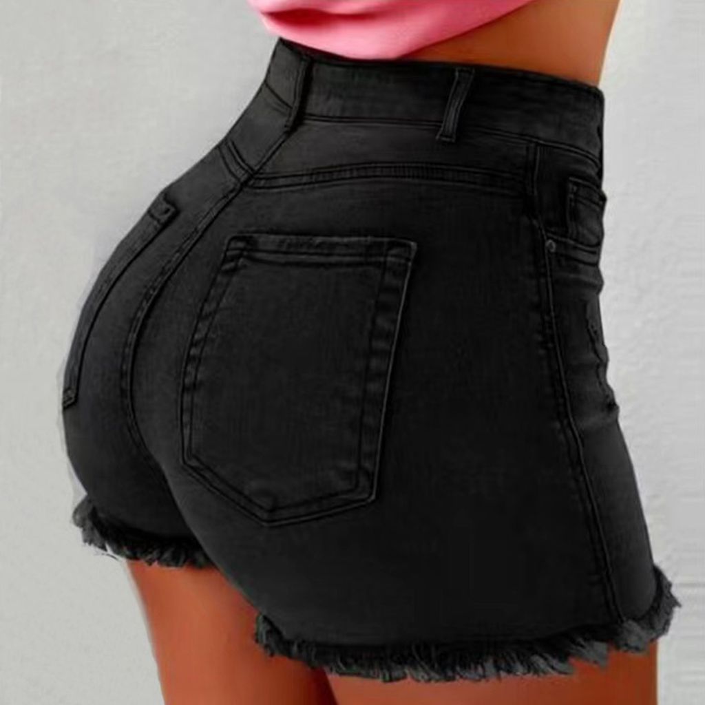 Fringe Hem Denim Shorts Women High Waist Casual Summer Hot Pants Solid Color Machine Washable Jean Shorts Spring Summer Outfit Black Blue Grey
