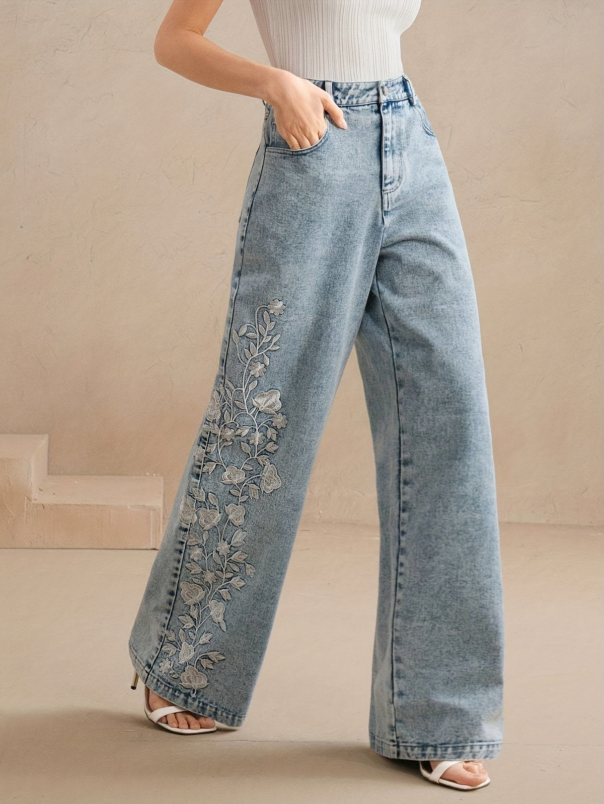 Floral Embroidered Denim Trousers for Women - Elegant Botanical Embroidery Jeans, Stylish Casual Denim Pants for Everyday & Special Occasion Outfits
