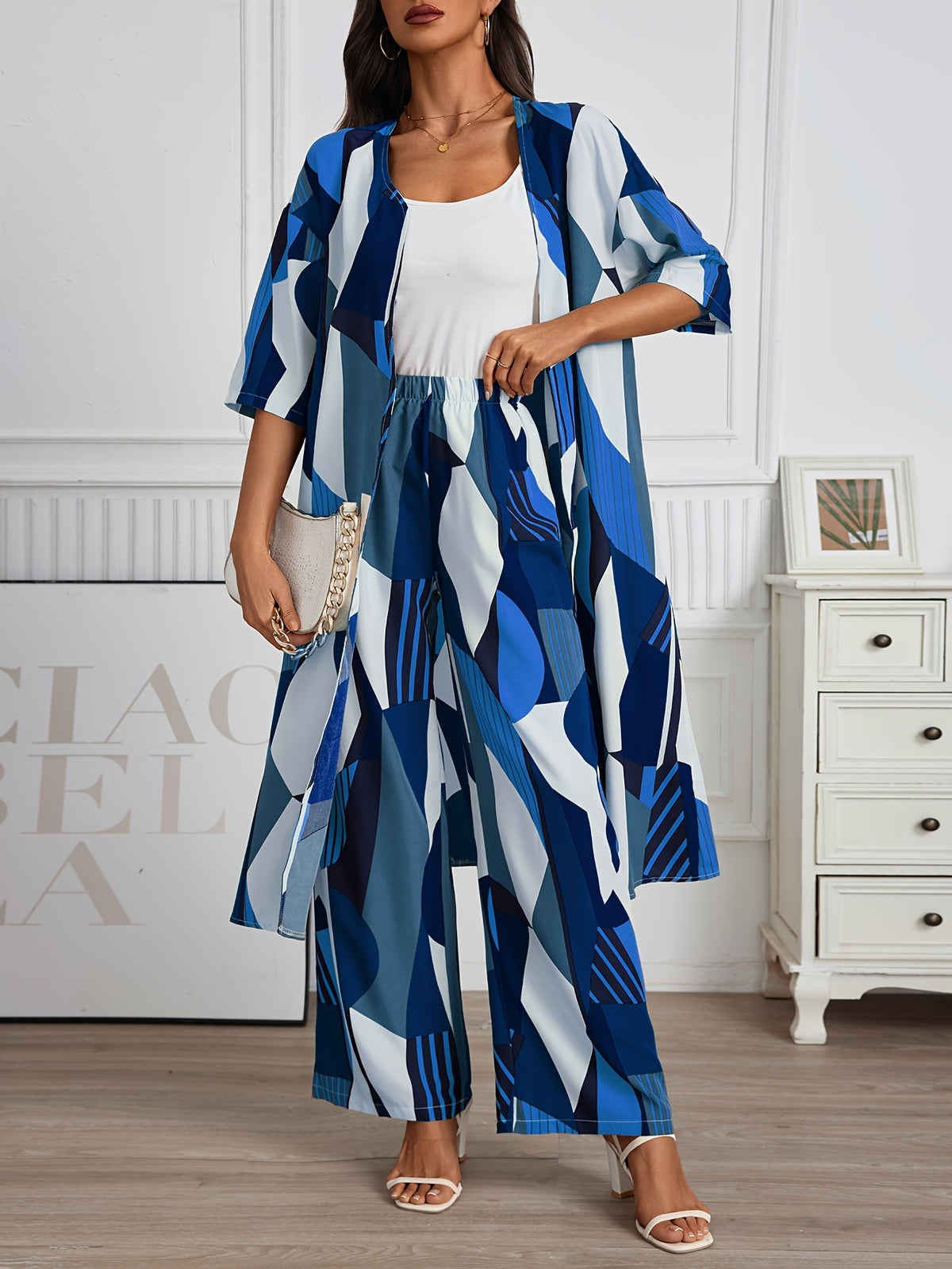 Women's 2 Piece Geo Print Pantsuit Set Short Sleeve Shirt and Wide Leg Pants Vacation Outfit Casual Elegant Summer Matching Set