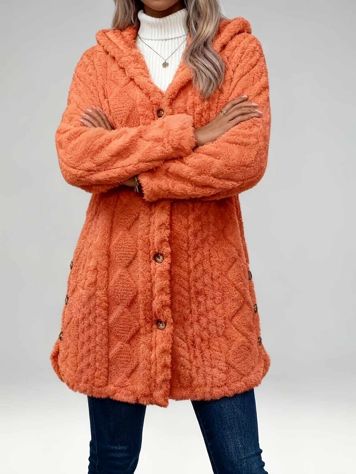 Hooded Fuzzy Coat Women Mid-Length Jacket with Buttons Soft Warm Fleece Fall Winter Outerwear 5 Colors S-XXL