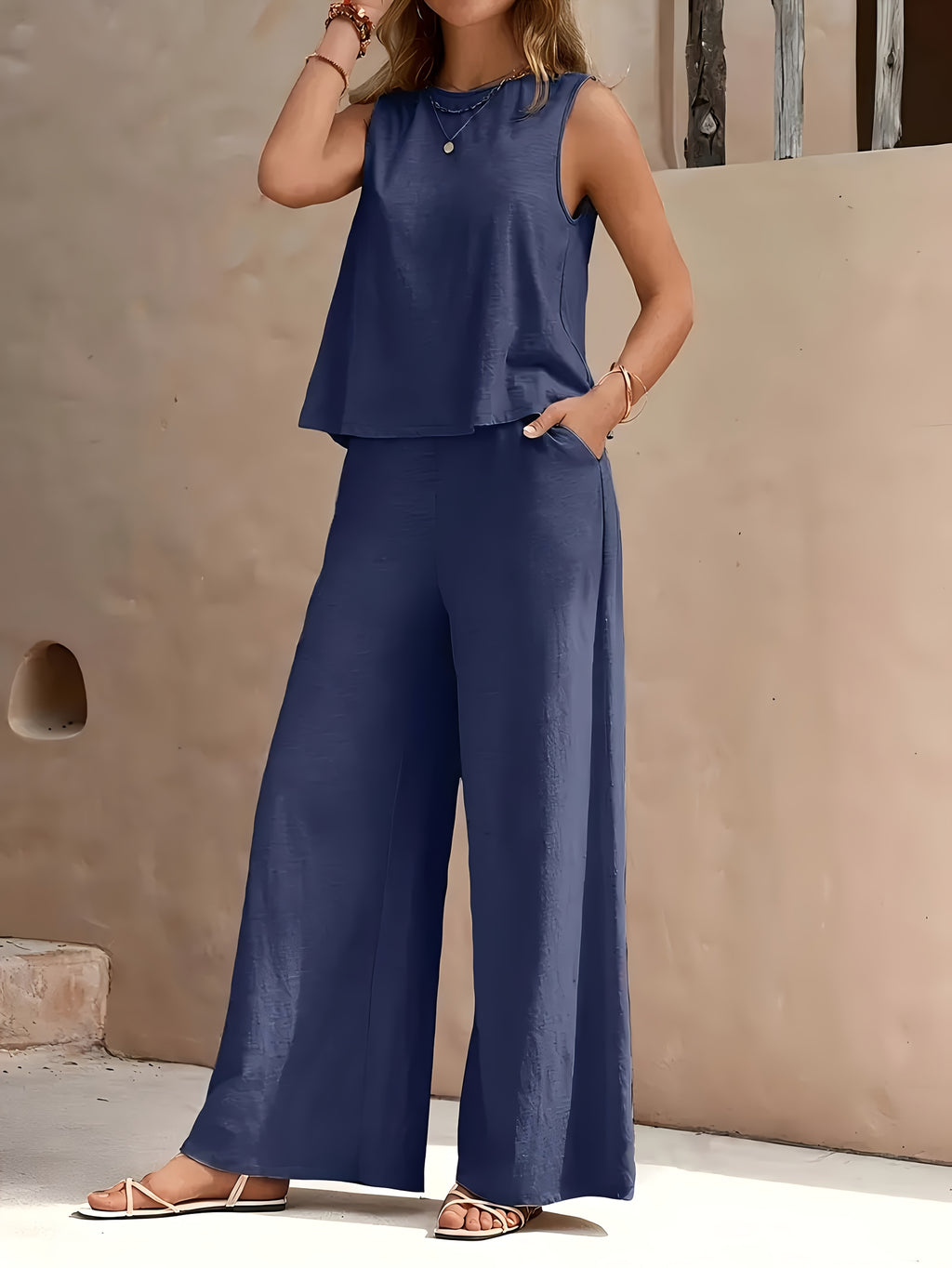 Red Sleeveless Top and Wide Leg Pants 2 Piece Set for Women – Solid Color Smooth Fabric Casual Elegant, Spring Summer, Sizes S-XXL