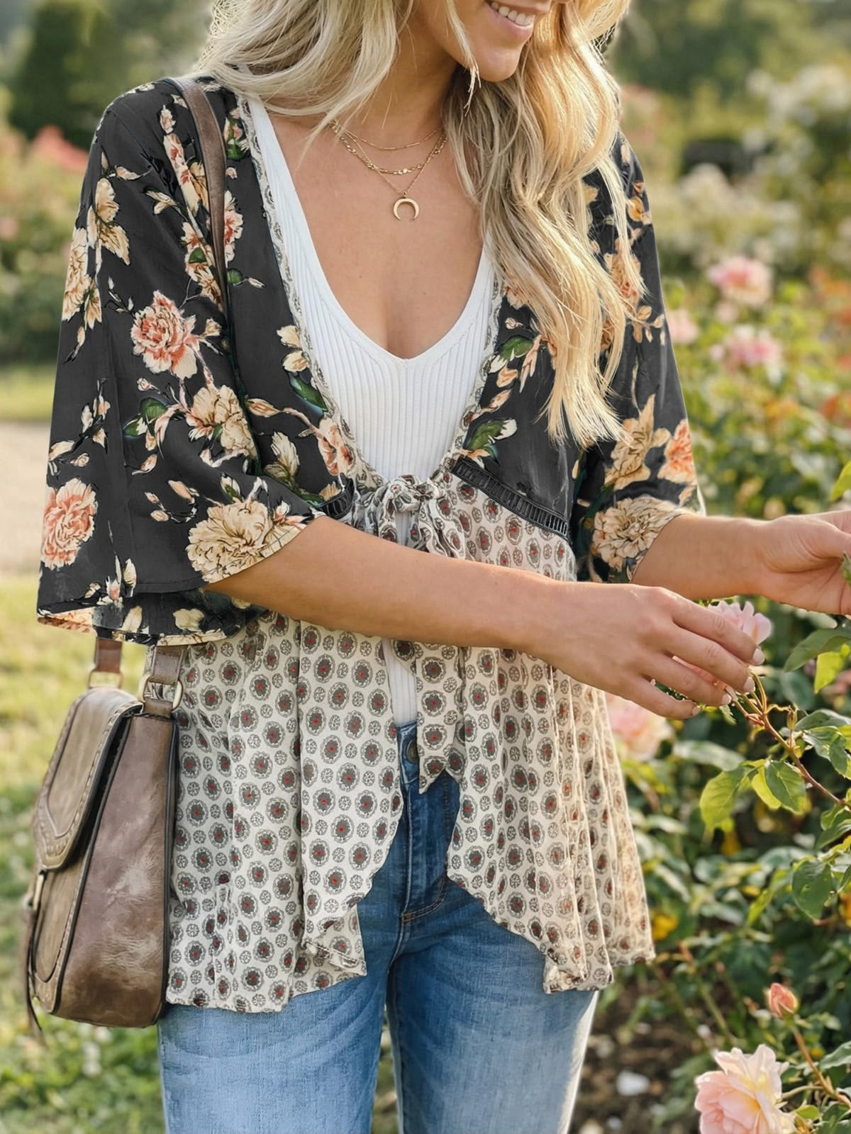 Floral Kimono Cardigan for Women – 3/4 Ruffle Sleeve Lightweight Patchwork Boho Tie Flowy Loose Cover-Up Top