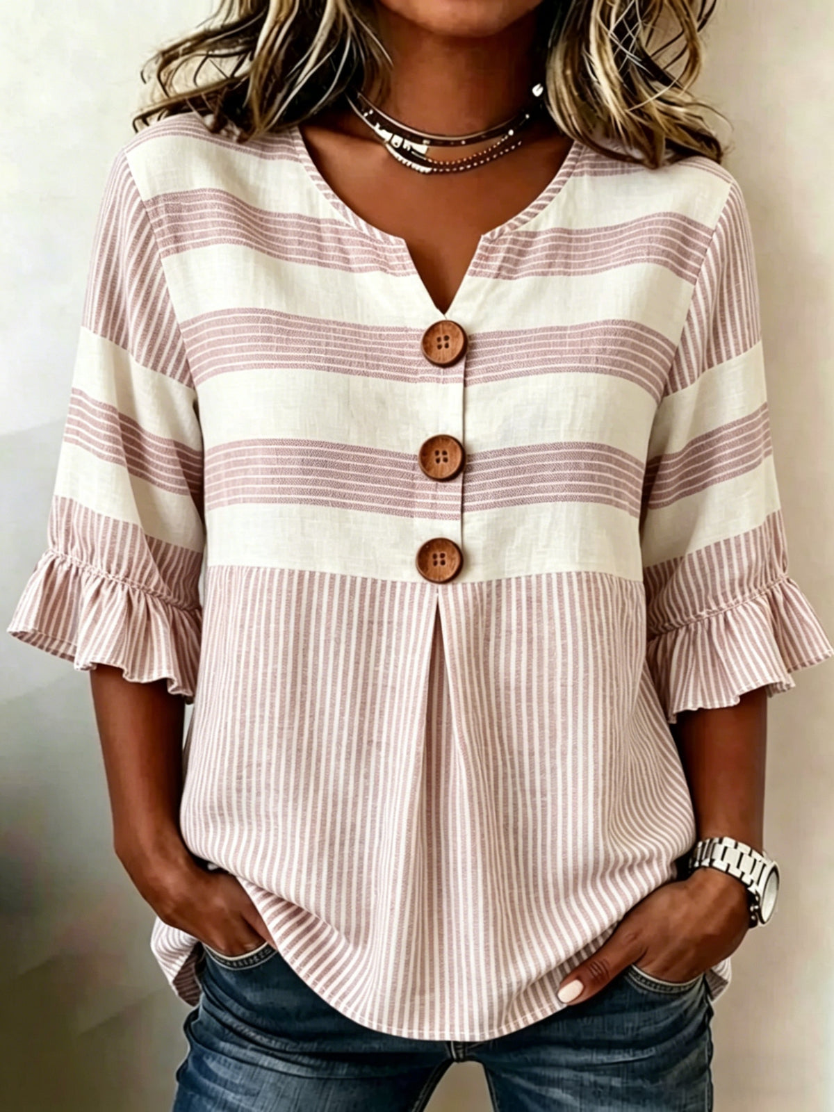 Striped V-Neck Blouse Women Ruffle 3/4 Sleeve Loose Fit Tunic Top Lightweight Linen Button Detail Summer Shirt S-2XL