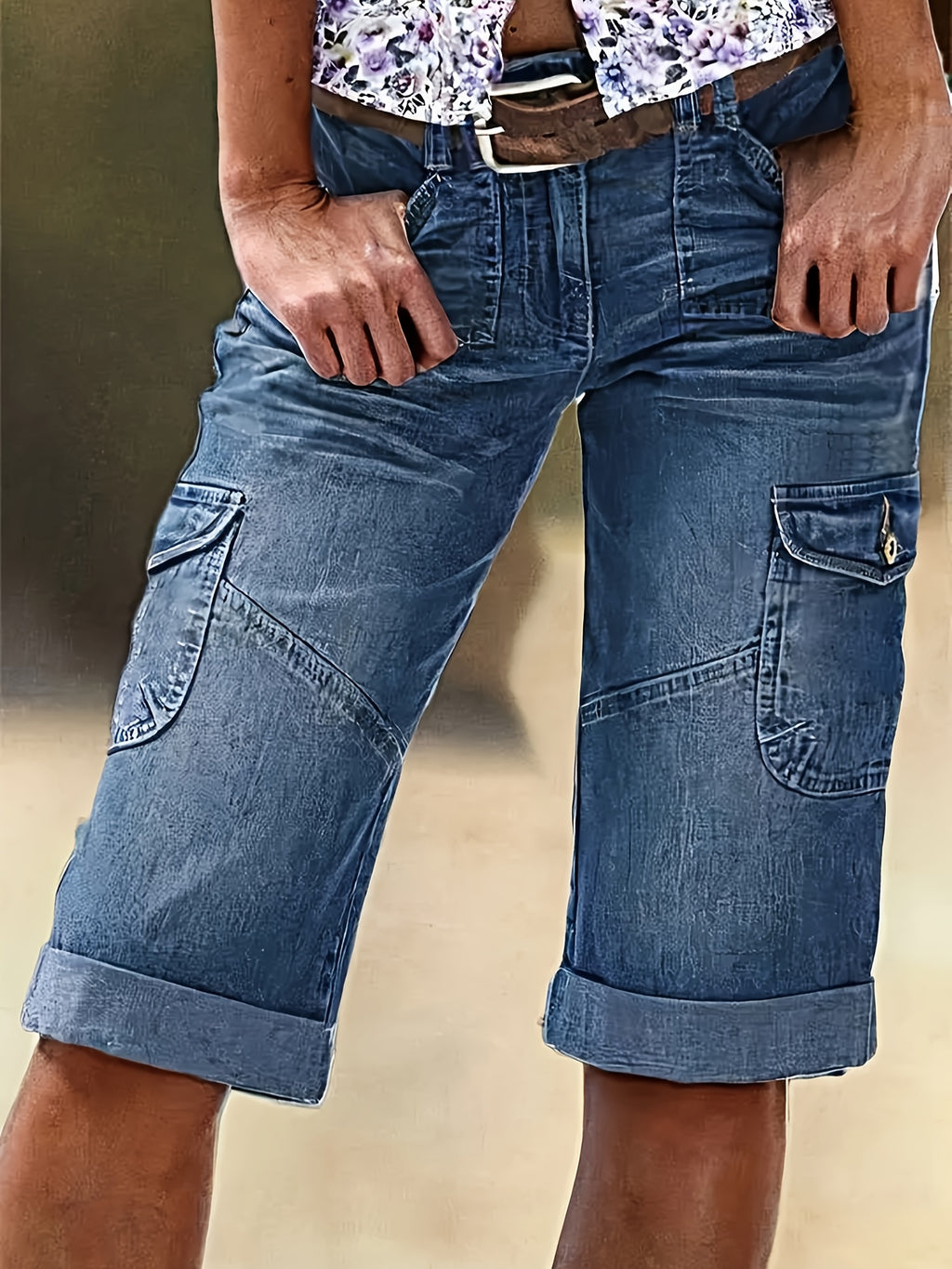 Cargo Capri Jeans Women Heavy Wash Splicing Design Elastic Fabric Hip Lifting Medium Blue Summer Leisure 5 Point Denim Shorts S-XXL