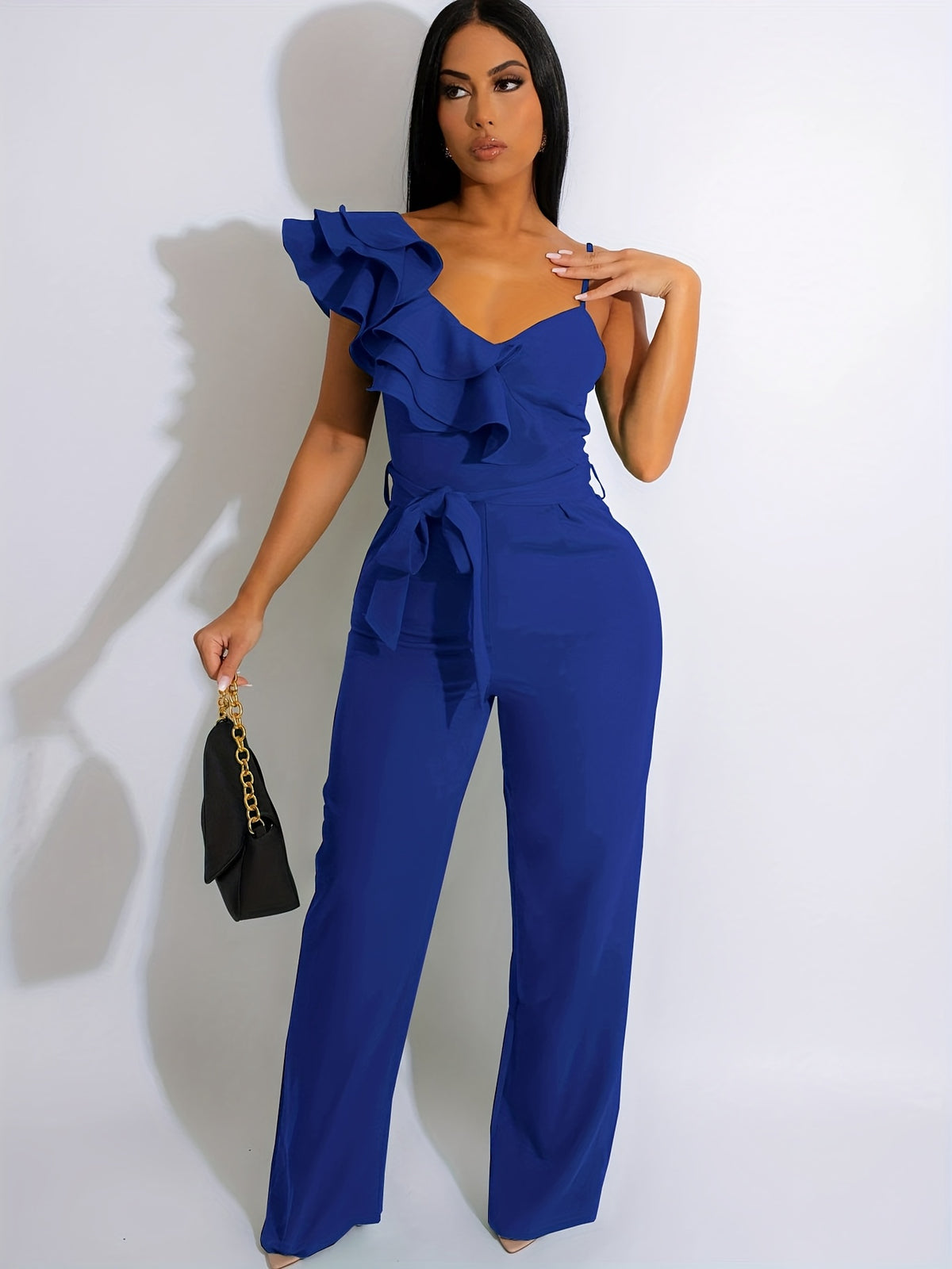 Wide Leg Ruffle Jumpsuit for Women, V-Neck Sleeveless Elegant Romper, Sexy Party Clubwear One Piece Overalls, Asymmetric Spaghetti Strap Summer Jumpsuit