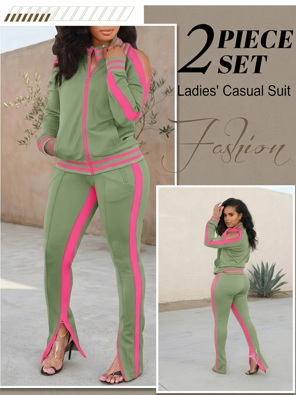 Color Block Off-Shoulder Tracksuit Set for Women – 2-Piece Zip Cuff Sweatshirt & Sweatpants Casual Matching Outfit, Lightweight Breathable Jogger Set