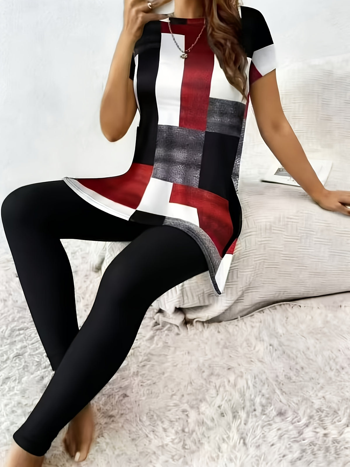 Plaid Print Short Sleeve Top and Slim Trousers Set Women 2pcs Side Slit Casual Spring Autumn Outfit S-XL