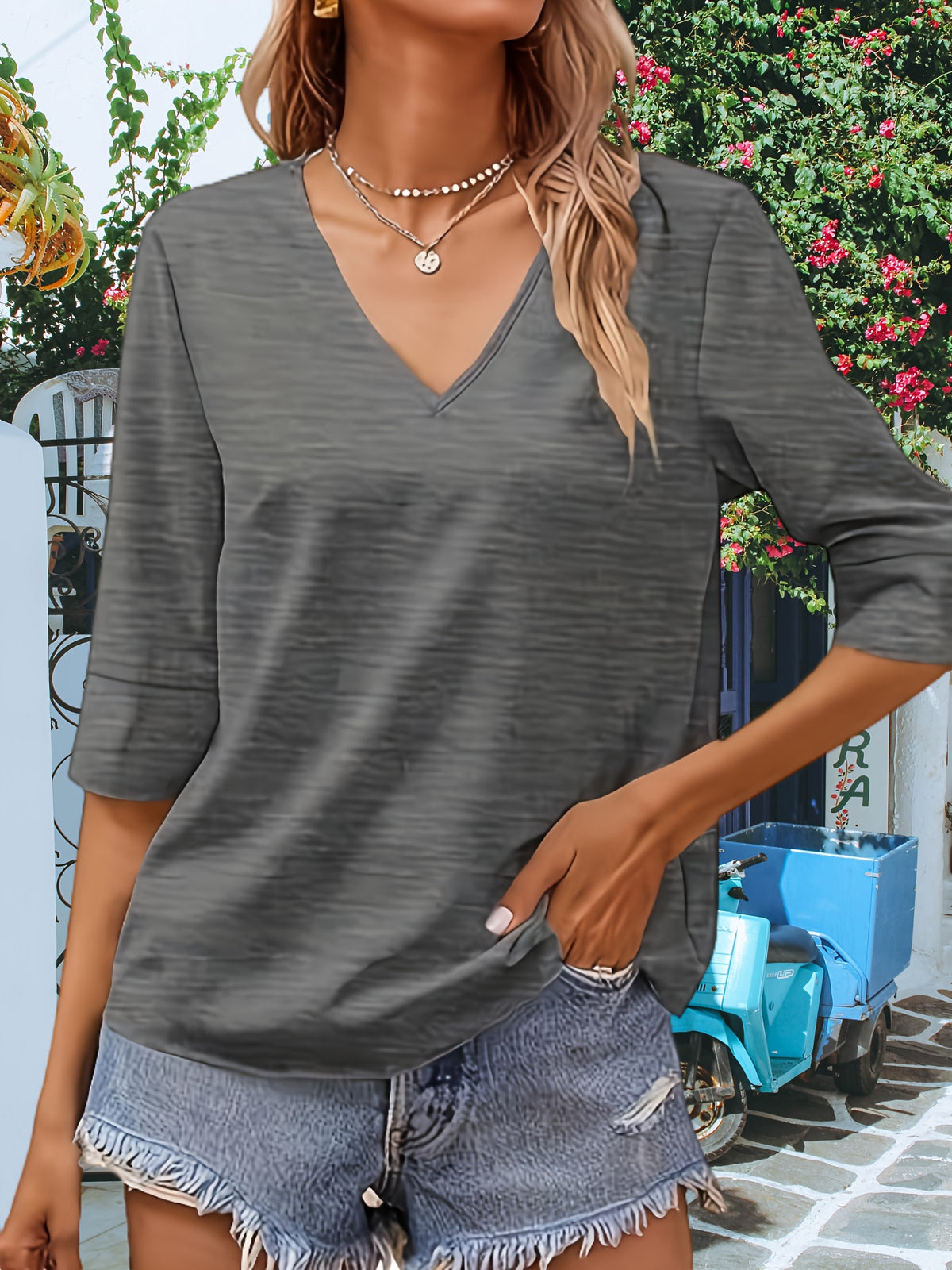 V-Neck T-Shirt Women Half Sleeve Loose Basic Tee Viscose Blend Soft Casual Summer Top Regular Fit Lightweight S-XXL