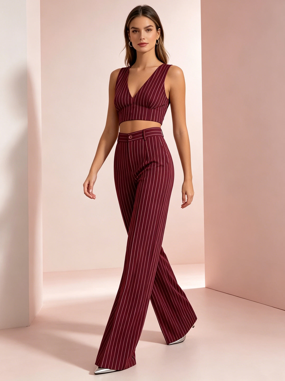 Striped Wide Leg Pants 2 Piece Set Women - High Waist Loose Fit Elegant Casual Outfit with Asymmetrical Pockets, All Season Polyester Machine Washable Work & Daily Fashion Set