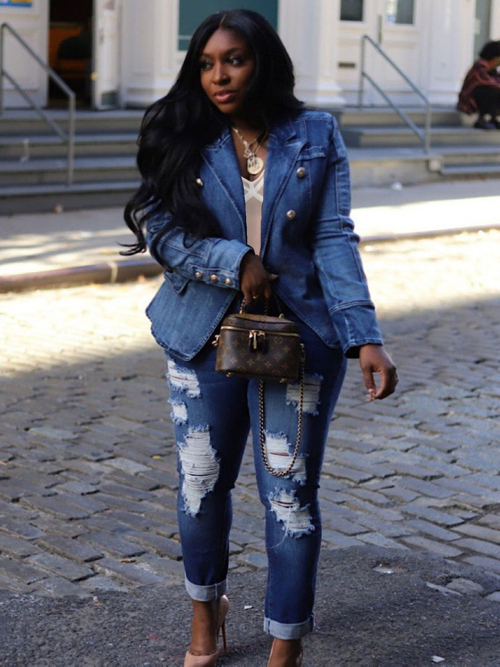 Denim Blazer Women Business Casual Lapel Double Breasted Long Sleeve Jean Jacket Structured Coat for Work Office Everyday Wear