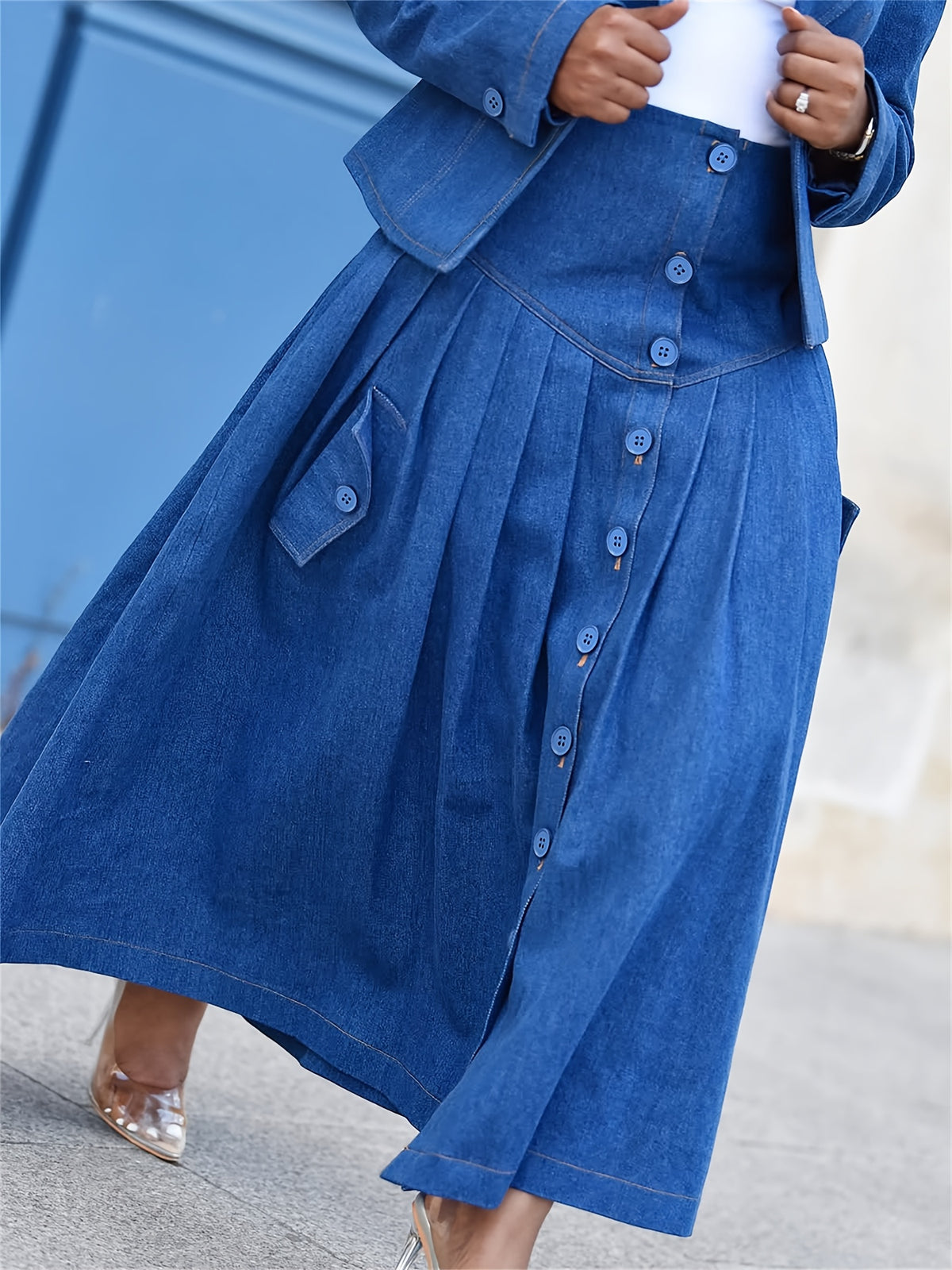 Women's Denim Skirt Suit 2pcs Set Jean Blazer & Pleated Skirt Business Casual Applique Lapel Long Sleeve