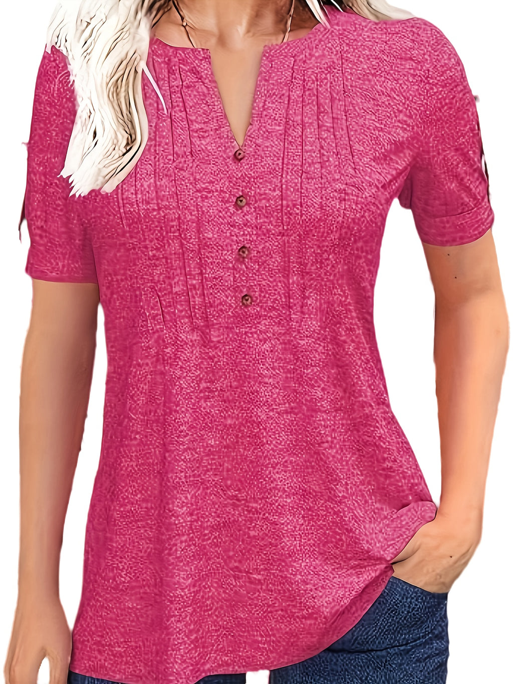 Pleated V-Neck T-Shirt Women Solid Color Short Sleeve Button-Up Casual Summer Top 60% Polyester Viscose Micro-Elastic Smooth Knit Tunic Versatile Daily Wear S-XXL