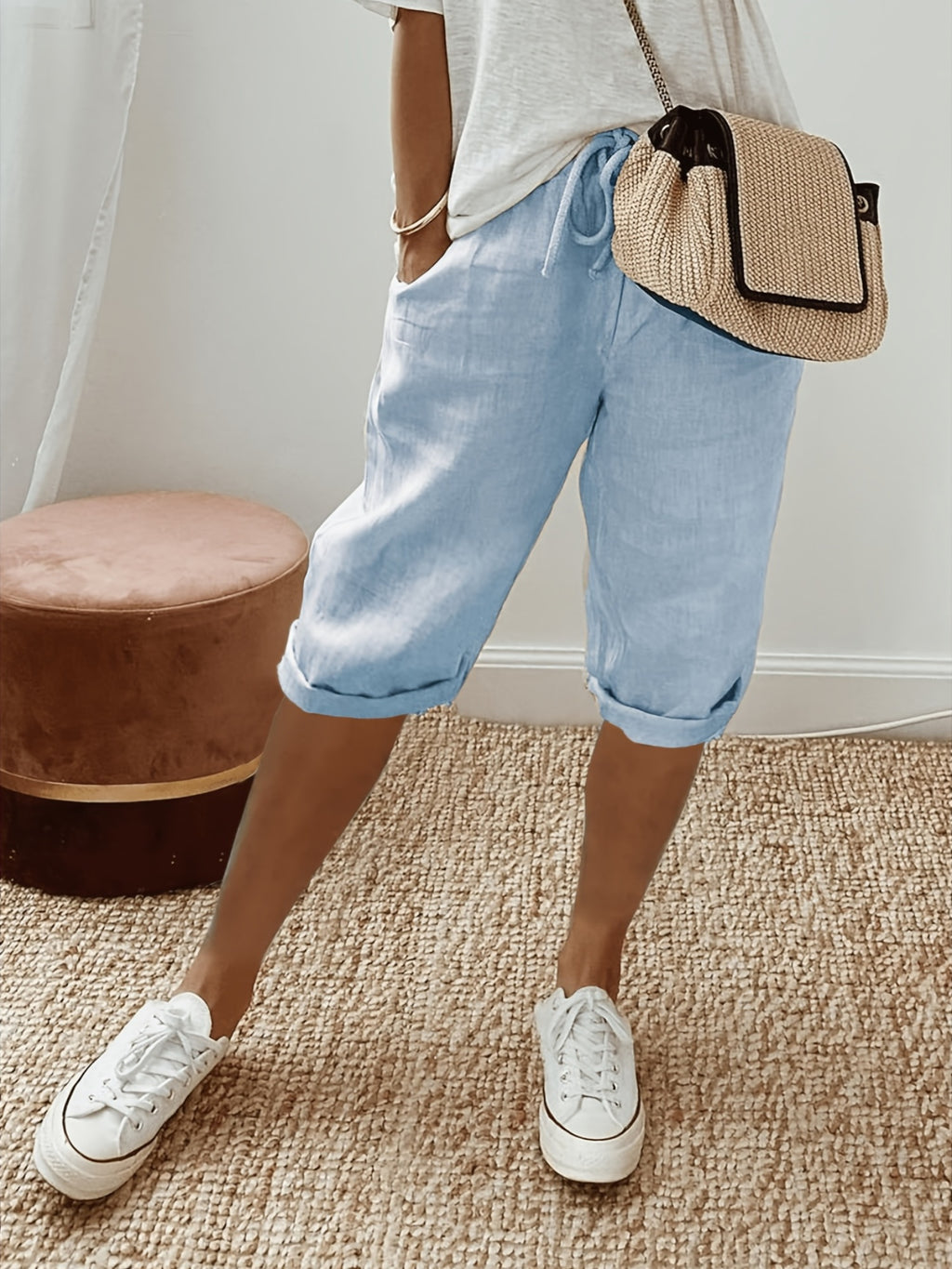 Boyfriend Capri Pants Set Women 3-Piece Drawstring Waist Curled Hem Pockets Casual Holiday Beach Summer Relaxed
