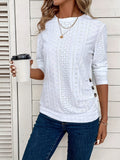 Faux Button Long Sleeve Top Women Crew Neck Solid Soft Elastic Chic Casual Blouse Machine Washable Fall Winter Everyday Fashion Top S-XXL
