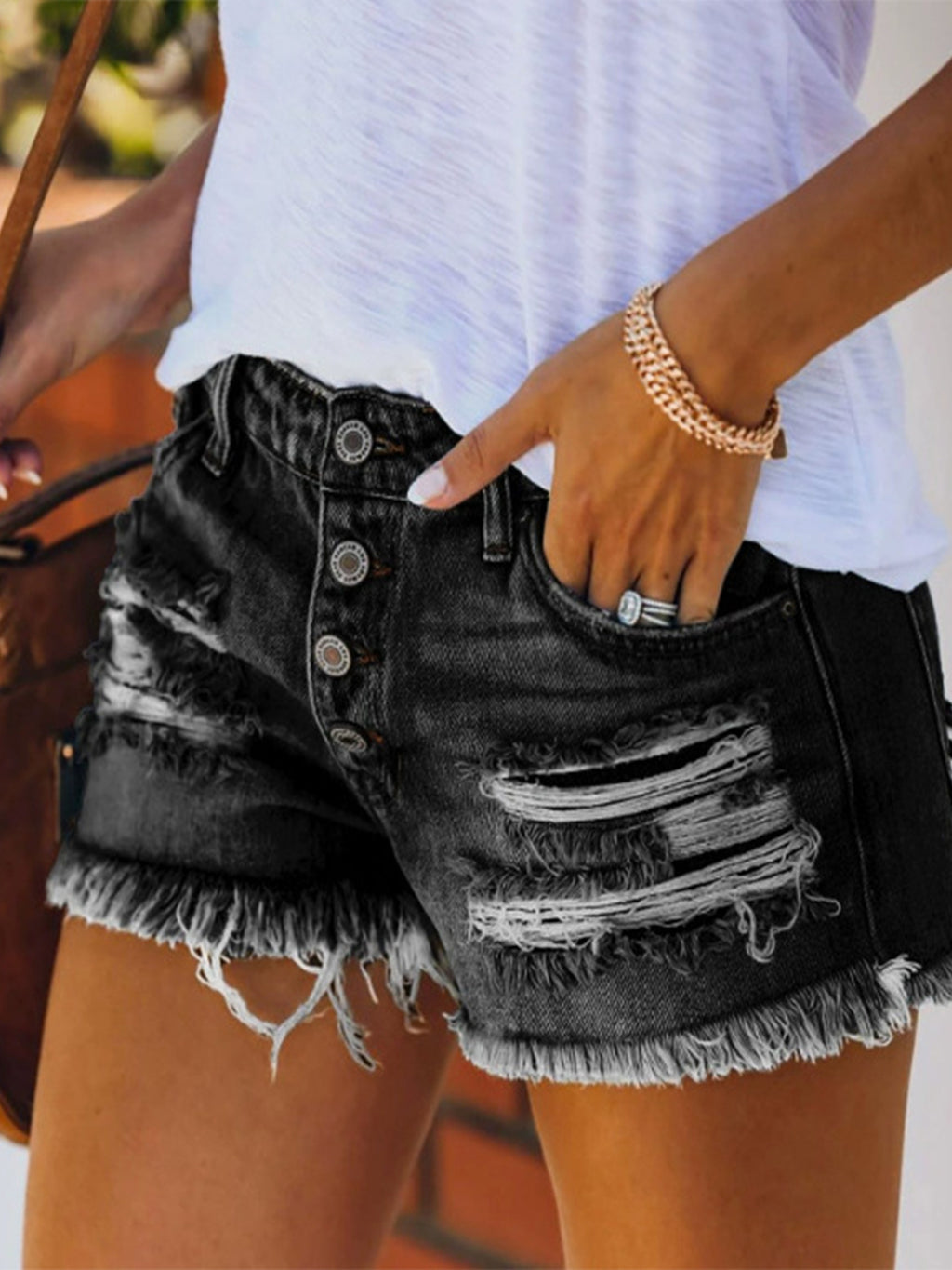 Women Ripped Stretch Denim Shorts Mid Rise Straight Leg Frayed Hem Casual Summer Hot Pants 85% Polyester Machine Washable | Mira Roam