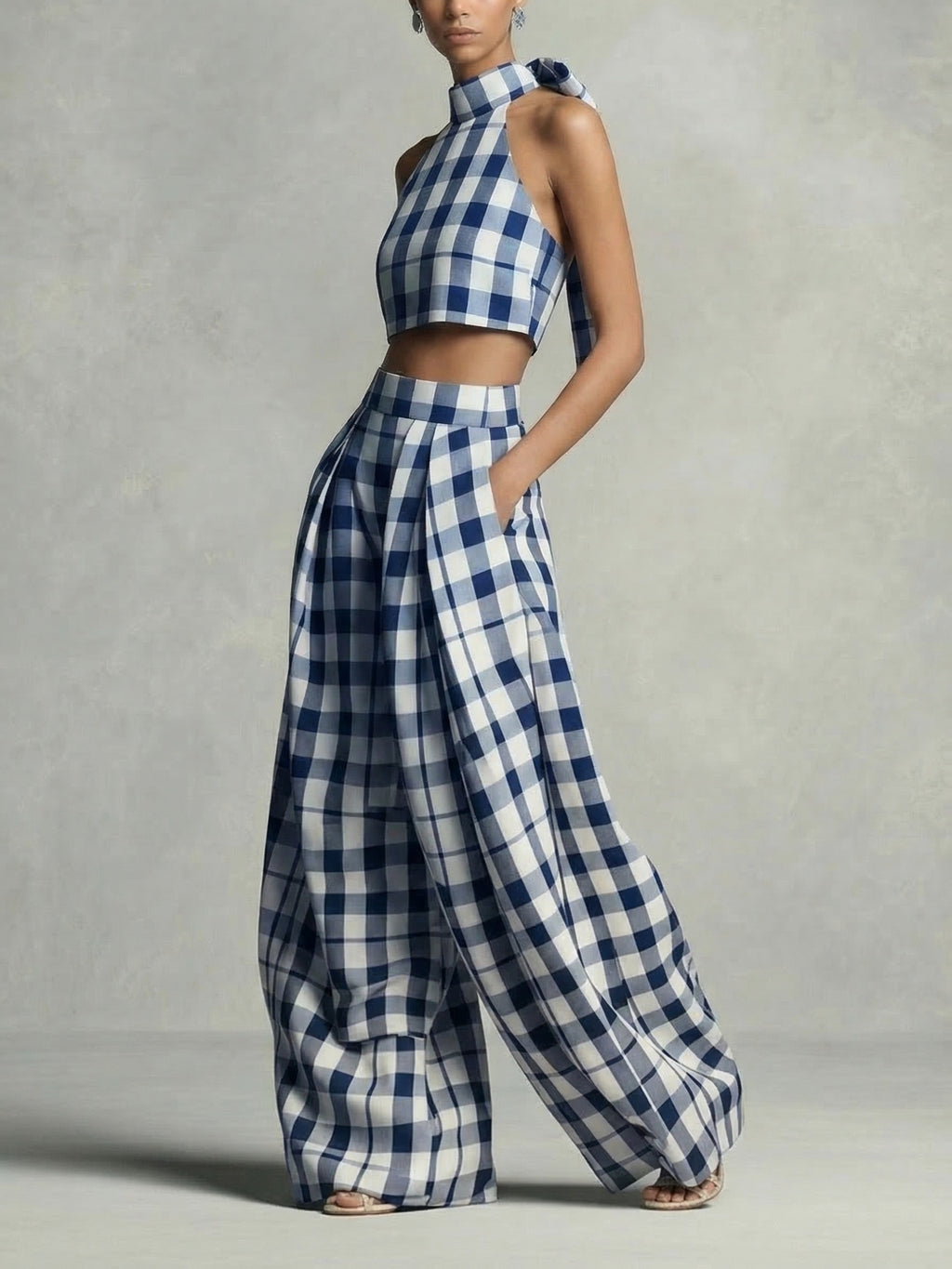 Plaid Halter Crop Top Wide-Leg Lantern Pants 2pcs Set Women Retro Elegant Date Dinner Party Chic Outfit Black White Blue Spring Summer S-XXL