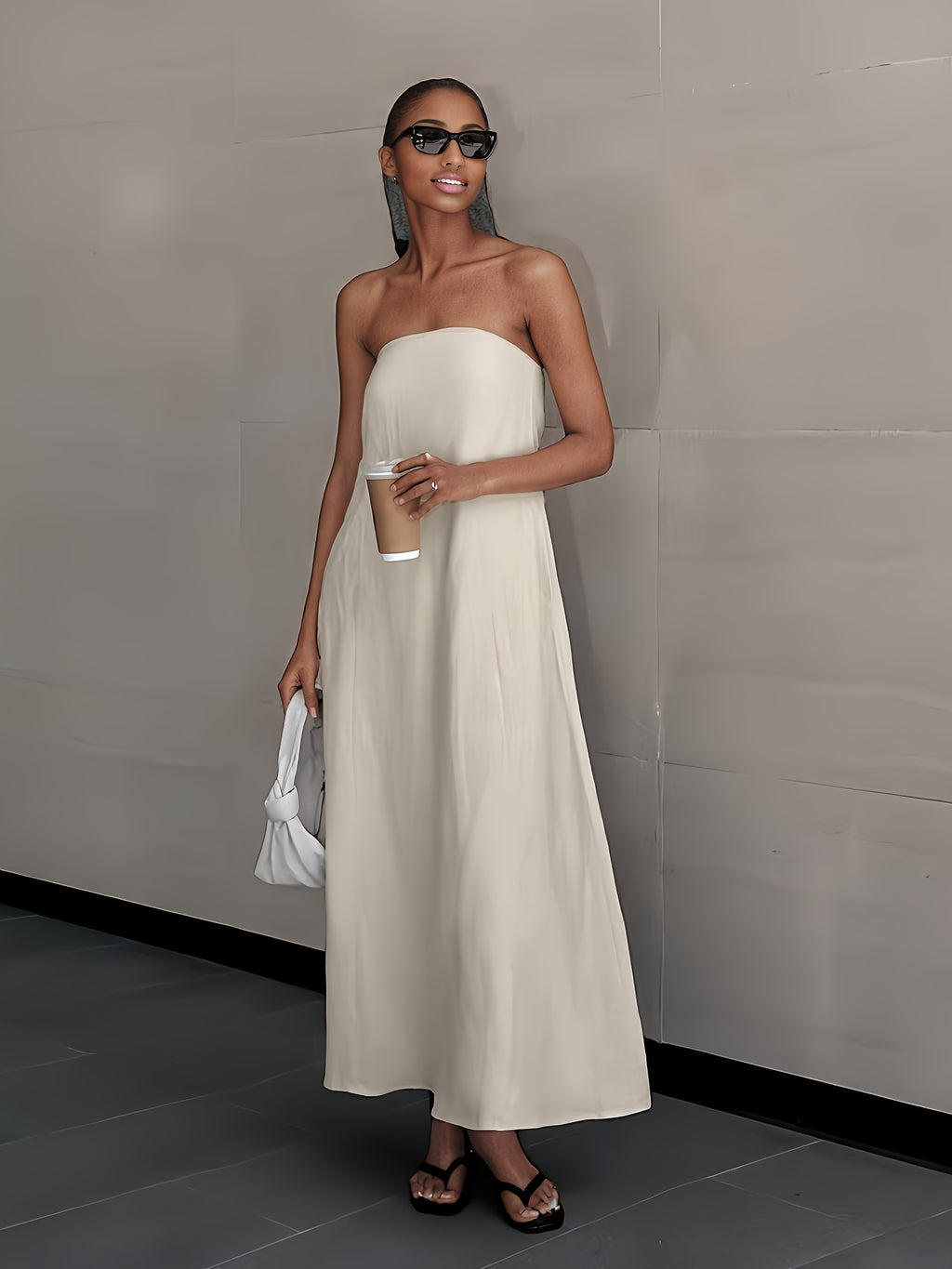 Linen Strapless Backless Long Dress for Women High Waist Patchwork Pocket Solid Color Lightweight Casual Vacation Maxi Dress Spring Summer